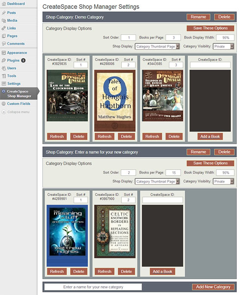 Preview of the CreateSpace Shop Manager plugin for WordPress